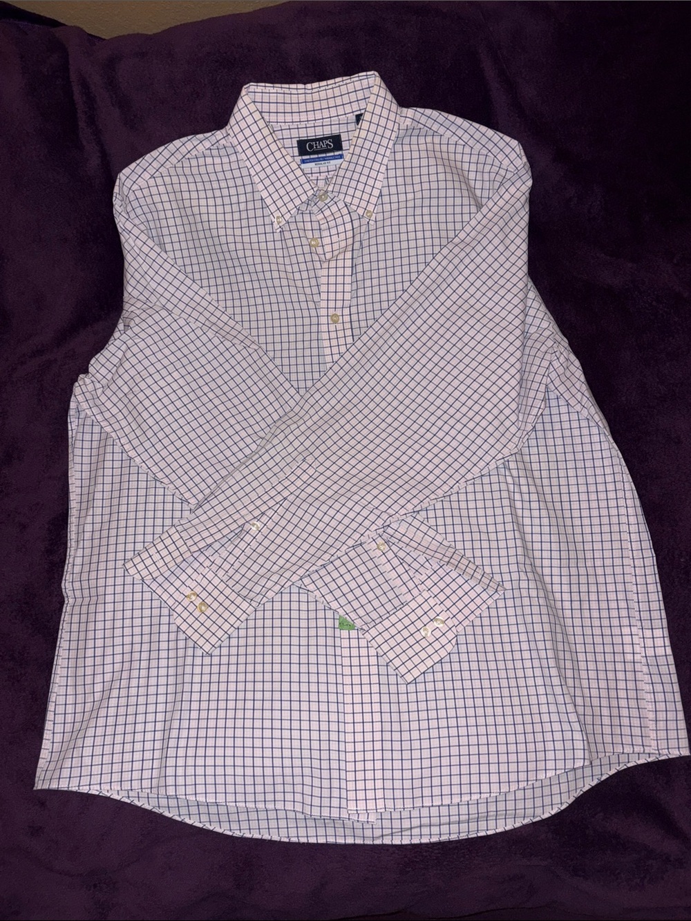 Chaps Blue and Light Pink Grid Button-Down Dress Shirt on White Base